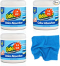 Odo-Baan Solid Odor Absorber Eliminator for Home and Small Spaces Pet Solutions Fresh Linen Scent 14 Ounces Each 3-Pack + Blue Microfiber Cloth