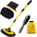 Car Wash Brush with Long Handle Chenille Microfiber Mop Mitt with 1 Replacement Head Wheel Brush Extension Pole Cleaning Kit &amp Towels for Cars &amp Trucks - 5PCS