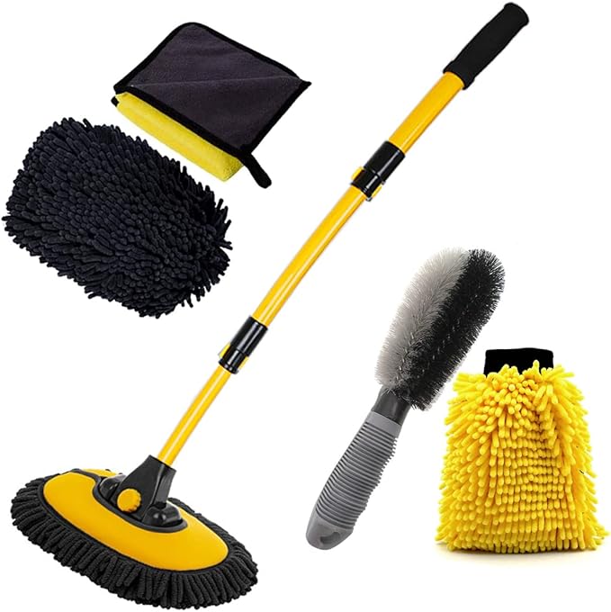 Car Wash Brush with Long Handle Chenille Microfiber Mop Mitt with 1 Replacement Head Wheel Brush Extension Pole Cleaning Kit &amp Towels for Cars &amp Trucks - 5PCS