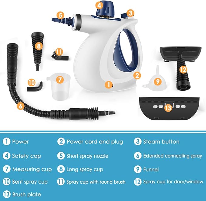 Unknown Handheld Pressurized Staem Cleaning with 9-Piece Accessory Set Multi-Surface All Natural for Home Kitchen Auto Patio and More 1 Blue-New Upgrade