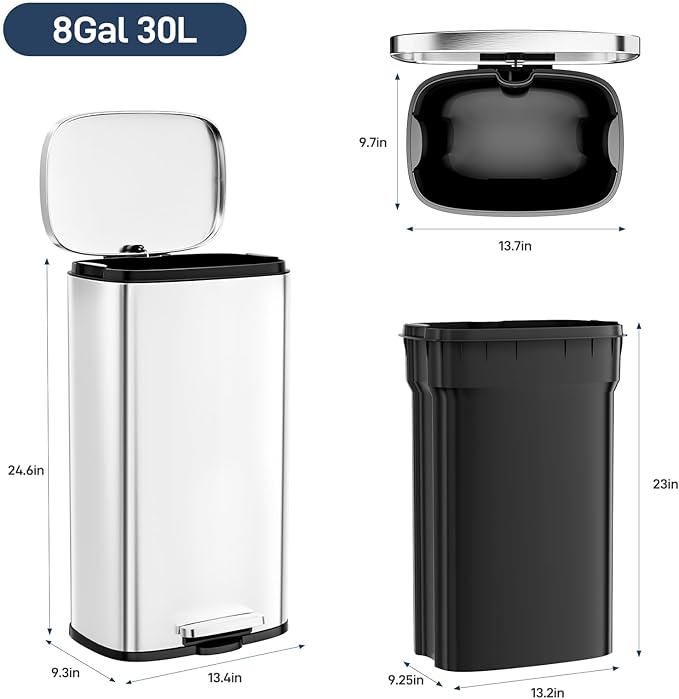 Arlopu 8 Gallon Step Trash Can Stainless Steel Garbage Bin Soft-Close Rubbish Bin with Removable Plastic Inner Bucket Fingerprint-Proof Lid Dustbin Suit for Kitchen Home (Silver 30L)