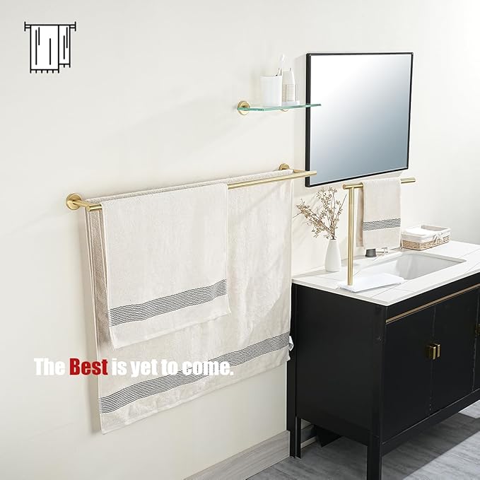 JQK Double Bath Towel Bar Brushed Gold 39 Inch 304 Stainless Steel Thicken 0.8mm Towel Rack for Bathroom Towel Holder Wall Mount Useable Length 36 Inch TB100L36-BG