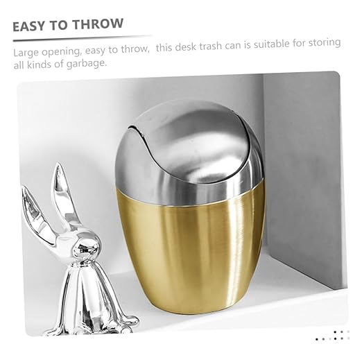 Cabilock Portable Mini Desk Trash Can with Lid Gold Countertop Garbage Bin for Office and Bedroom Sturdy Household Tabletop Wastebasket Decorative Small Desktop Storage Bucket