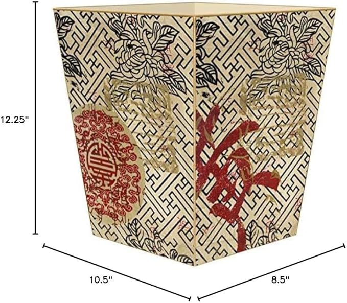 Marye-Kelley- Asian Fret Wastepaper Basket Wastebasket Decoupage Wood Decorative Wastebasket for Kitchen Bathroom Bedroom Living Room Handmade Made in The USA