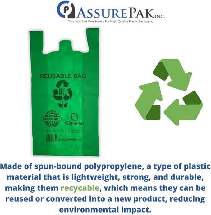 ASSUREPAK Green PP Non Woven Reusable Bags - 100 Bags - 1/6 BBL 12X7X22 - 45 GSM - Green - 12722GRNPPNWRB45