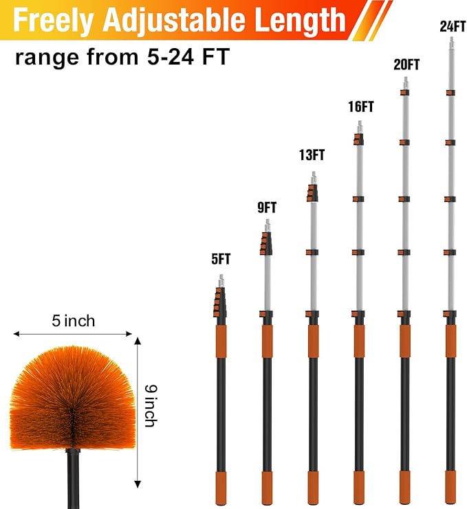 24FT Cobweb Duster with Extension Pole Spider Web Brush for Cleaning Extendable Professional Ceiling and Corner Dusters for Outdoor Indoor Use