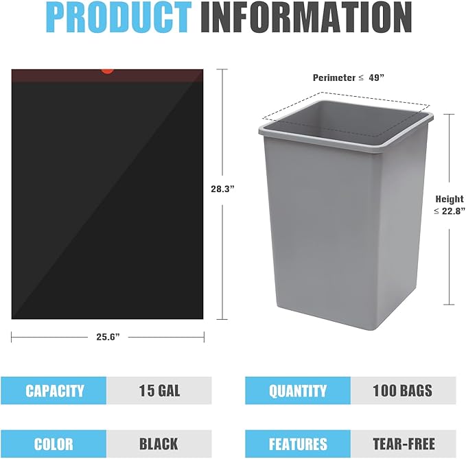 Pre-Separated Drawstring Trash Bags for 15 Gallon Trash Cans 100 Count Ultra Strong Black Tall Kitchen Garbage Bags Tear-Free Large Trash Liners for Lawn &amp Yard