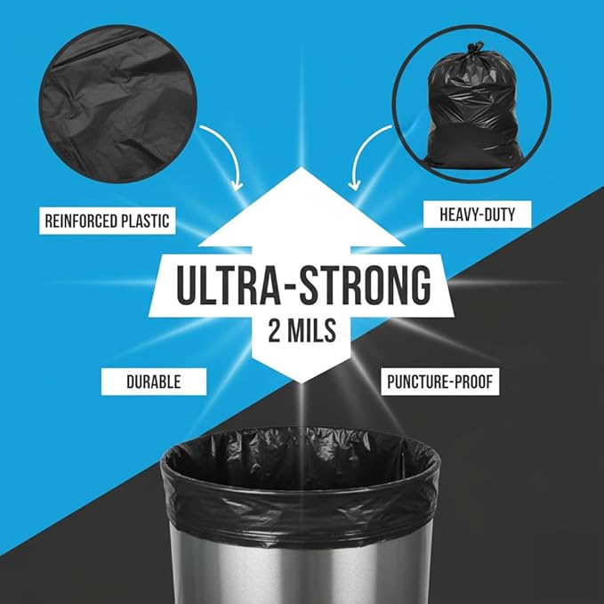 Ultra-Strong Trash Bags 44x55 Inches 2 Mils Thick 50 Count – Heavy Duty Black Garbage Bags with Star Seal Bottom 65 Gallon Capacity