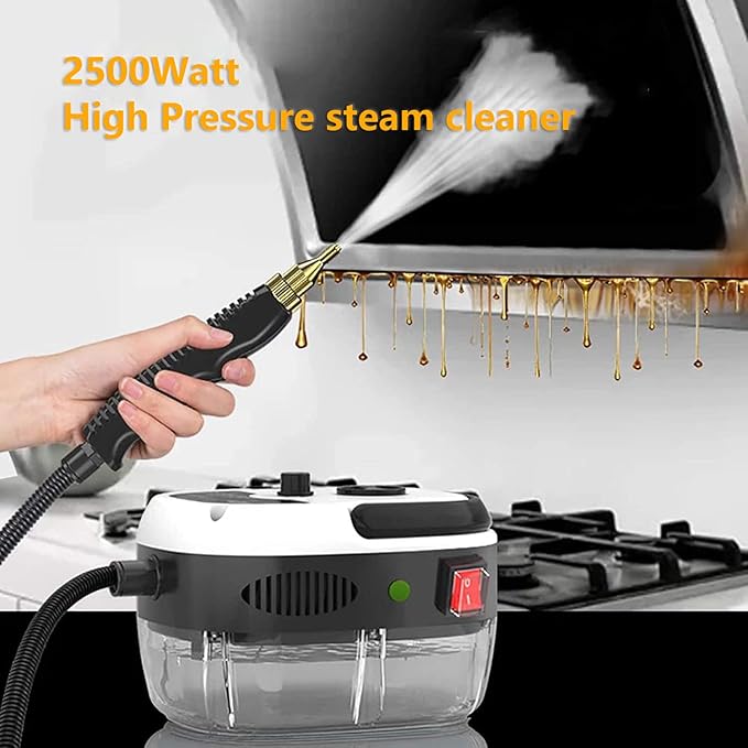 High Pressure Portable Handheld Steam Cleaner - 2500W High Temperature Cleaning Machine with Brush Heads for Effective Kitchen Bathroom and Furniture Cleaning