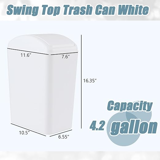 4.2 Gallon Swing Top Wastebasket Plastic Garbage Bin for Home Office &amp Slim Space-Saving (White)