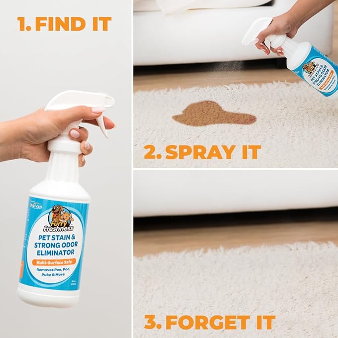 FurryFreshness Extra Strength Cat or Dog Pee Stain &amp Permanent Odor Remover + Smell Eliminator -Removes Stains from Pets &amp Kids Including Urine or Blood- Lifts Old Carpet Stains- (Gallon)