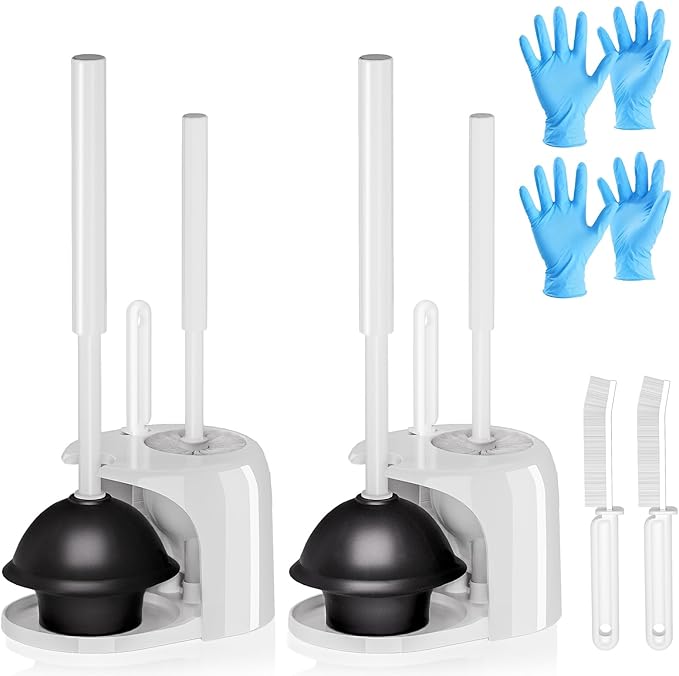 2PACK 4 in 1 Toilet Brush and Plunger Set with Crevice Cleaning Brush Toilet Plunger and Brush Set with Extra Long Handle Plungers for Bathroom Accessories Toilet Plunger with Holder White