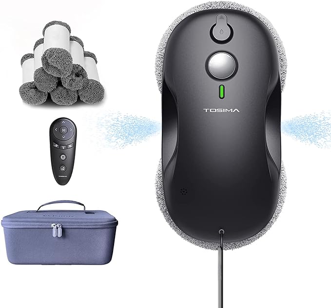 Tosima W3 Window Cleaning Robot - Dual Direction Auto-Spray Smart Window Cleaner with Triple Safety System Smart Navigation Remote Control for All Smooth Surfaces with 12 Rags Black