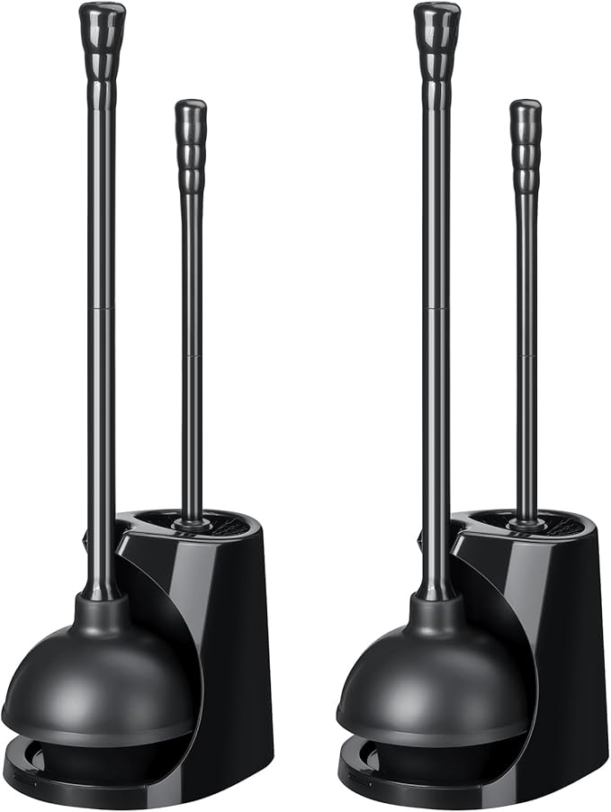 Qaestfy Toilet Plunger and Brush Set for Bathroom Cleaning 2-in-1 Long Handle Toilet Bowl Brush with Stiff Bristles &amp Powerful Plunger Space-Saving Holder (Pack of 2)