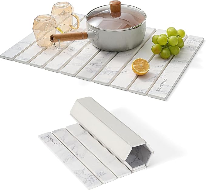 Large Stone Drying Mat for Kitchen Counter - 24x16 Quick Drying Collapsible Dish Drying Mat - Super Absorbent Diatomaceous Earth Mat - Stone Dish Drying Mat for Cups Dishes