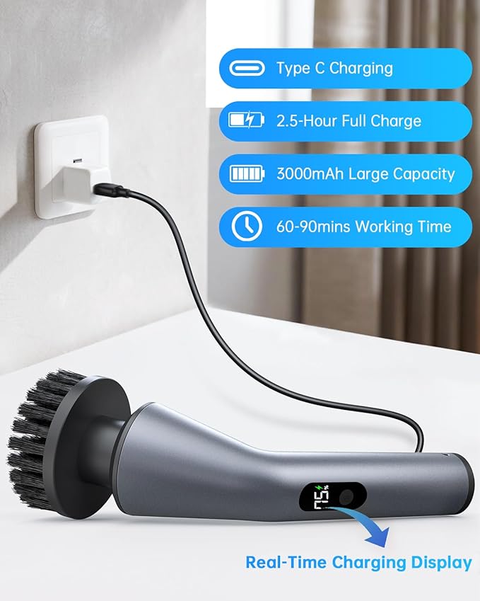 VICNOVA Electric Spin Scrubber IPX7 Waterproof 2-Speed Extendable Long Handle Cordless Cleaning Brush with 7 Replacement Brush Heads for Bathroom Shower Bathtub Glass Tub Tile Floor Car