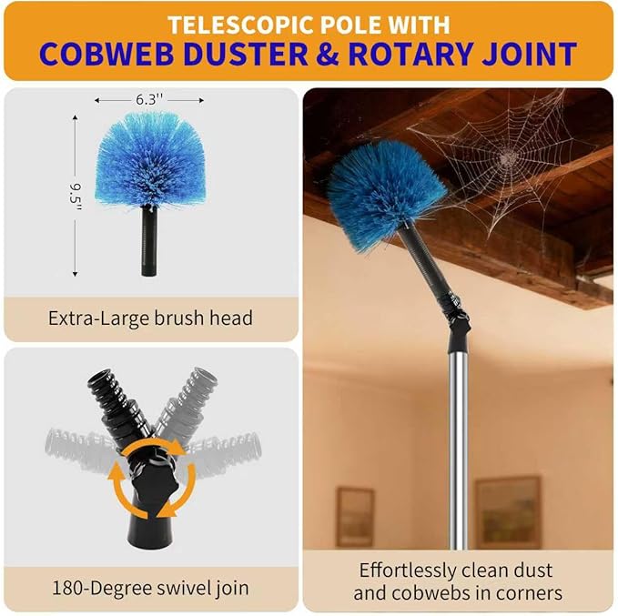 Duster with Extension Pole (20 FT Reach) Light Bulb Changer for High Ceilings &amp 3-12FT Extension Pole Duster Cleaning Kit Fan Duster/Cobweb Duster/Window Washing Kit for High Window Interior Ro
