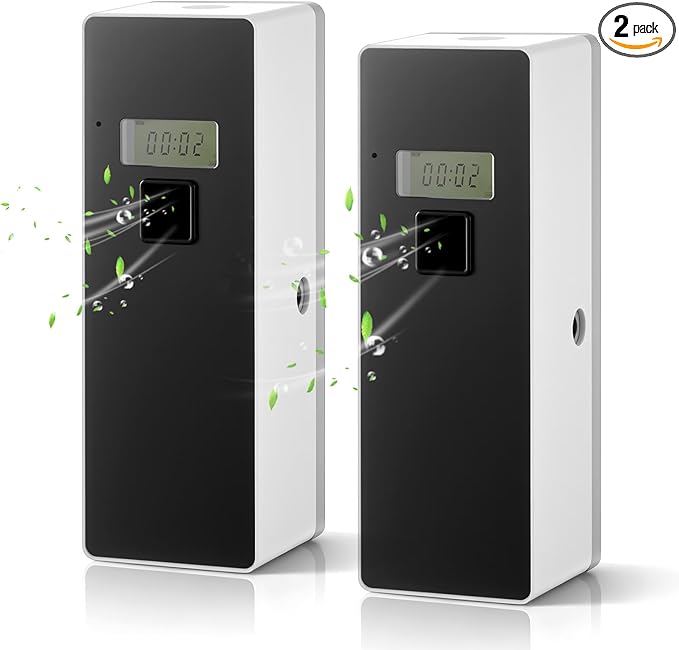 Qualirey 2 pcs Automatic LCD Fragrance Dispenser Wall Mount/Standing ABS Auto Air Freshener Spray Perfume Dispenser Programmable for Bathroom bedroom Hotel Office Commercial