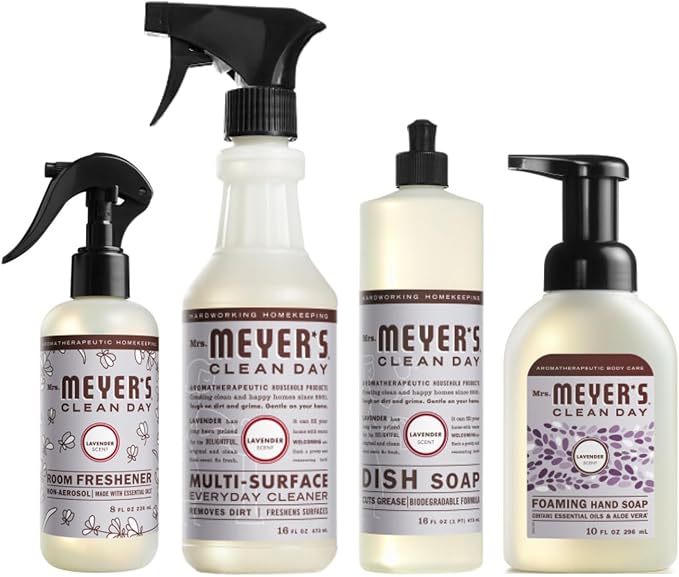 Mrs. MEYER'S CLEAN DAY Kitchen Set Room Freshener Multi-Surface Cleaner Dish Soap and Foaming Hand Soap 4 CT (Lavender)