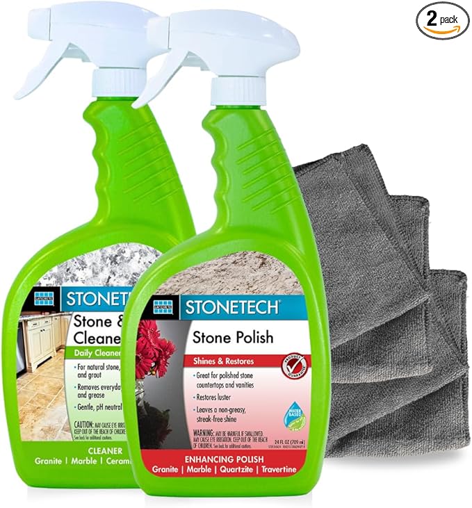 StoneTech Stone &amp Tile Cleaner and Stone Polish Duo – Daily Cleaner &amp Polish for Granite Marble Quartzite Travertine – Removes Dirt &amp Restores Shine – 2 Microfiber Cloths – Fresh Scent