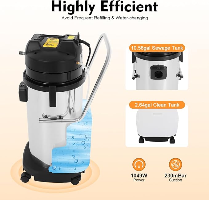 Stainless Steel Commercial Carpet Cleaning Machine 40L/10.56Gal Industrial Extractor with 1049W Power &amp 230mbar Suction Industrial Carpet Cleaner Vacuum for Sofa Curtains &amp Carpets