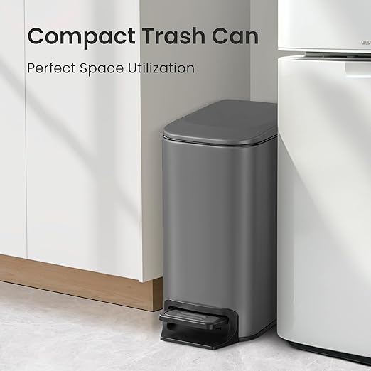 Cesun Small Bathroom Trash Can with Lid Soft Close Step Pedal 6 Liter / 1.6 Gallon Stainless Steel Garbage Can with Removable Inner Bucket Anti-Fingerprint Finish (Gray)