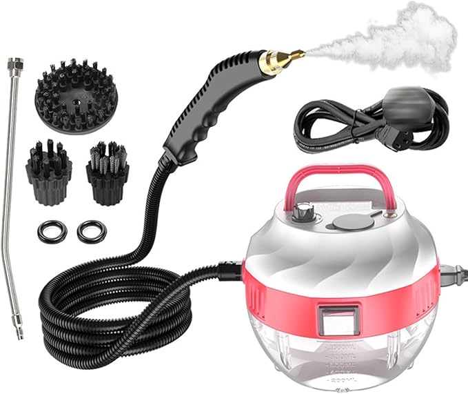 Handheld Steam Cleaner 1500W Pressurized Steam Cleaning Machine with 6 Speeds 3 Brush Heads 1 Extension Rod Portable High Pressure Steam Cleaner with 1L Water Tank &amp Anti-dry Burn Function(Pin