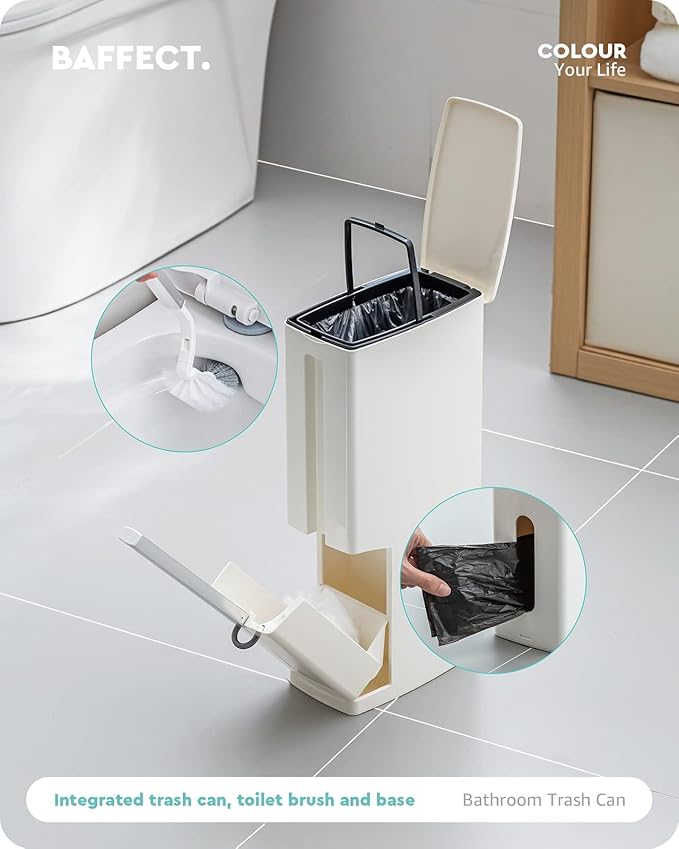 Baffect 2 Liter White Slim Bathroom Trash Can with Lid and Toilet Brush Holder