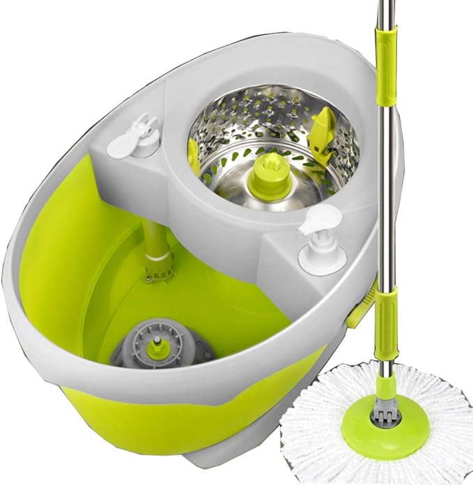 Automatic Rotating Mop with 4 Reusable Heads Hand-Free Pressure Dehydration &amp Metal Basket Double Drive Mop Bucket for Effortless Household Cleaning - Green