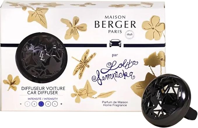Maison Berger Car Diffuser Set – Refillable Vent Clip Ceramic Refill Made in France - Luxury Auto Scent - 4-Week Diffusion - Elegant Air Freshener for All Car Vents (Lolita Lempicka Black)