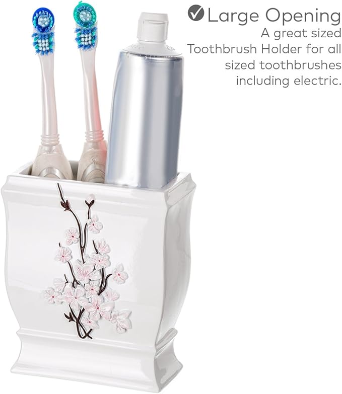 Creative Scents Vanda Bathroom Set - Cherry Blossom White Bathroom Accessories Set - 4 Piece Floral Bathroom Soap Dispenser Set Includes: Lotion Dispenser Toothbrush Holder Tumbler &amp Soap Dish