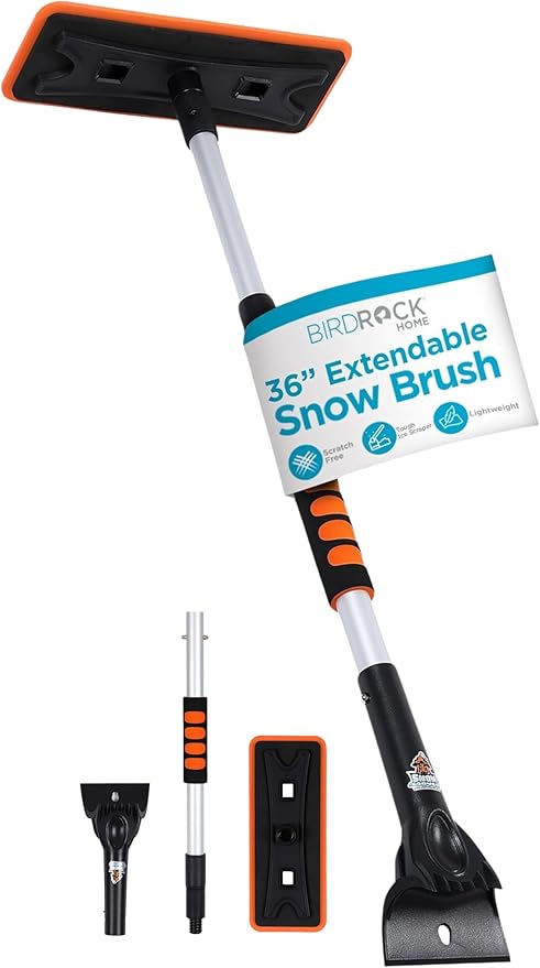 BIRDROCK HOME 36 Extendable Snow Pusher Brush &amp Detachable Ice Scraper for Cars | Aluminum Grip for Car Truck SUV | Safe on Auto Windshield &amp Windows | Wide Frost Remover for Semi &amp Sma