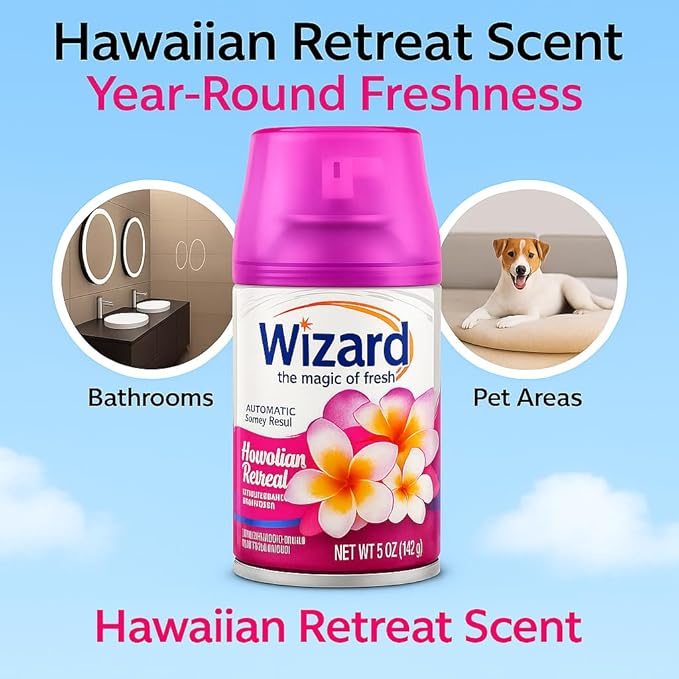 Wizard Automatic Spray Refill – Hawaiin Retreat 5 oz (12 Pack) | Compatible with Air Wick Freshmatic &amp Glade Dispensers | Long Lasting Odor Neutralizer for Home &amp Office