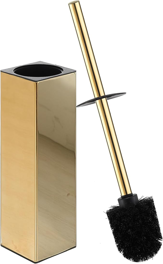 BGL Square Toilet Brush with HolderStainless Steel Rubber Painted Toilet Bowl Brush and Holder for Bathroom2 Cleaner Brush HeadsGold