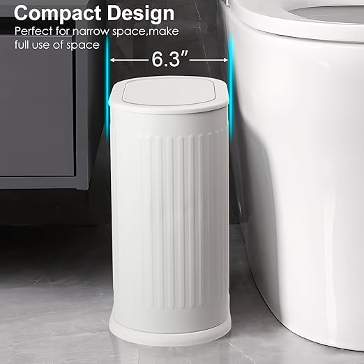 Anzoymx Bathroom Trash Cans White Stainless Steel Small Garbage Can with Pop up Lid 1.8 Gallons Dog Proof Narrow Wastebasket Slim Litter Trash Bins for Bedroom Toilet Office
