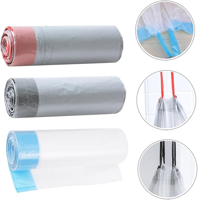 Disposable Drawstring Trash Bags 90pcs Portable Rubbish Bags with Red and Blue Drawstrings Gray and White Color Mixed Suitable for Kitchen and Household Waste Random Color