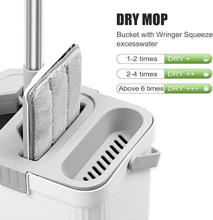 Flat Floor Mop and Bucket Set with Wringer Flat Mops for Floor Cleaning Wall Mop Cleaner with Long Handle Hardwood Floor Mop with 3 Microfiber Pads (XF)