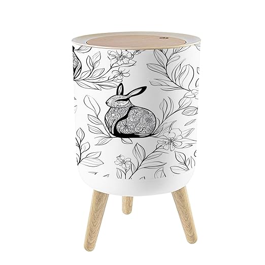 Small Trash Can with Lid Seamless Doodle Rabbit Eucalyptus leaves white New year Chinese zodiac 1.8 Gallon/7L Garbage Can Waste Bin with Pop-Up Lid Wood Legs Wastebasket for Bathroom Kitchen Bedroom