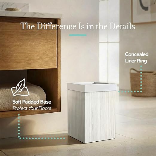 Gatco Small Bathroom Trash Can with Lid Square 3 Gallon Wastebasket Under Sink White Oak with Matte White for Bathroom Bedroom Office (1936W)