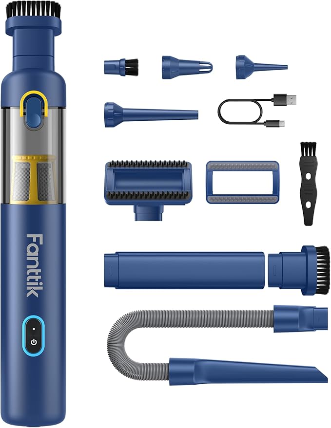 Fanttik Slim V8 APEX Car Vacuum 4-in-1 Portable Mini Cordless Vacuum with 19000pa Suction Power Type-C Charge 2 Suction Modes Handheld Vacuum for Small Jobs Car Office Desk Keyboards (Blue)