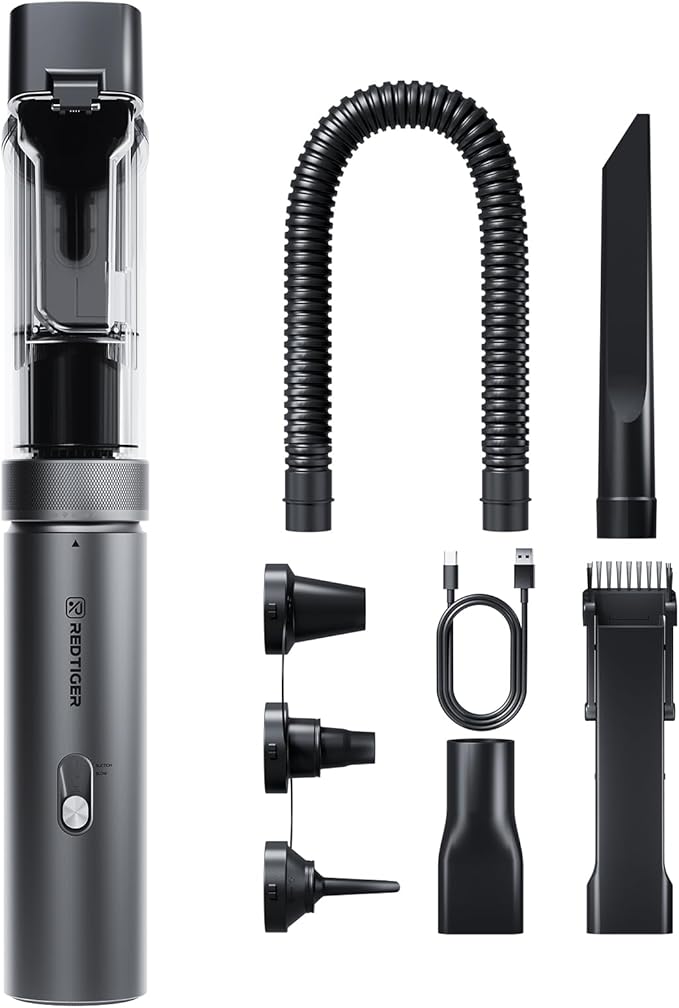 REDTIGER Car Vacuum Cordless 21000PA Portable Handheld Vacuum Up to 70 Mins Runtime 3.5H USB-C Fast Charge Lightweight 4 in1 Mini Hand Held Cleaner Power for Car Home Outdoor Camp Pet Food Black