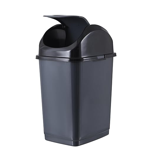 Superio Small 2.5 Gallon Plastic Trash Can with Swing Top Lid Compact Slim Waste Bin for Under Desk Office Bedroom Bathroom Dorm Room 10 Qt. Portable Garbage Can (Dark Grey 2 Pack)