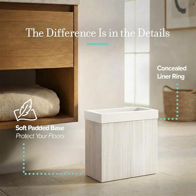Gatco Small Bathroom Trash Can with Lid Rectangle 3 Gallon Wastebasket Under Sink White Oak with Matte White for Bathroom Bedroom Office (1943W)