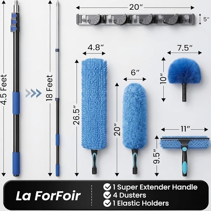 25ft High Ceiling Duster Kits with 5-18ft Heavy Duty Extension Pole - Fan Blade Cleaner Cobweb Remover &amp Blue Window Squeegee Kit Washable Dust Brush for High Roof and Glass Surfaces