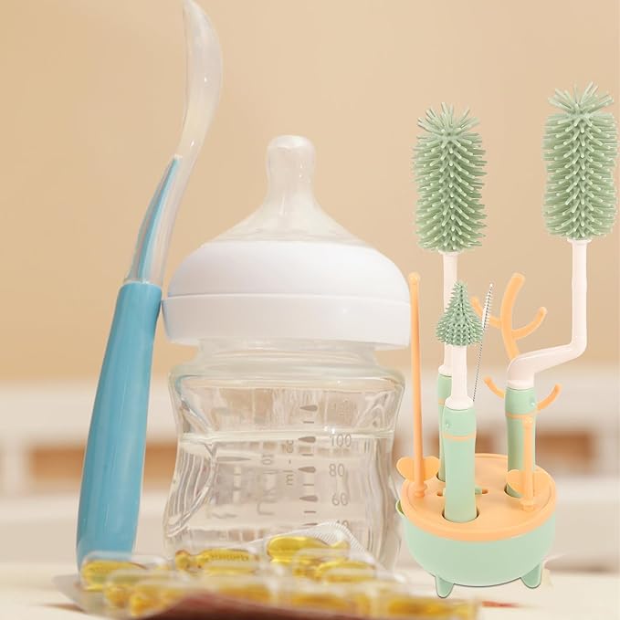 Multifunctional Bottle Brush Set with Extra Long Handle and Stand for Cleaning Milk Bottles and Straws Green Suitable for Feeding