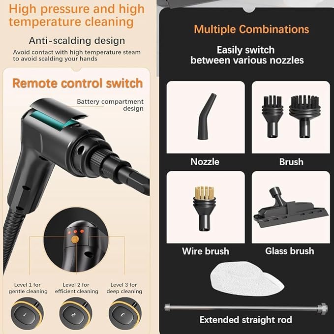 2500W Handheld Steam Cleaner Portable Steam Cleaner 1600ML 3 Gear Adjustable for Cleaning Upholstery Bathroom Grout and Tiles Car Detailing Yellow and Black