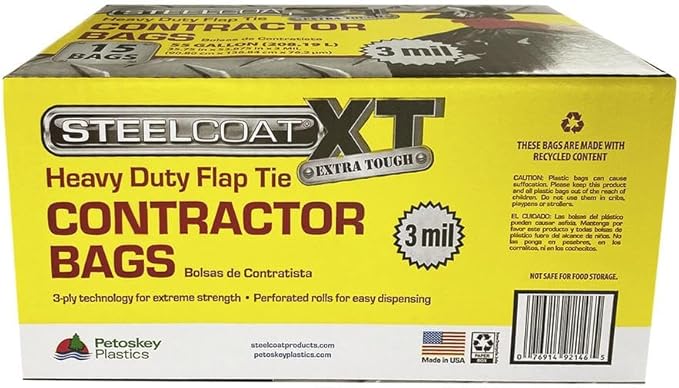 Steelcoat XL 55-Gallon Contractor Trash Bags – Extra Tough 3 Mil Heavy Duty Flap Tie – 15 Count Black – Made in USA