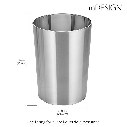 mDesign Stainless Steel Round Metal Trash Can Small 4 Gallon Wastebasket Garbage Basket Bin for Bathroom Bedroom Kitchen or Home Office Holds Waste and Recycle Mirri Collection Brushed