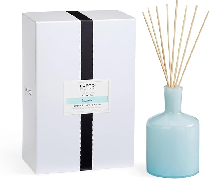 LAFCO New York Signature Reed Diffuser Marine - 15 oz - Up to 9 Months Fragrance Life - Reusable Hand Blown Glass Vessel - Natural Wood Reeds - Made in The USA