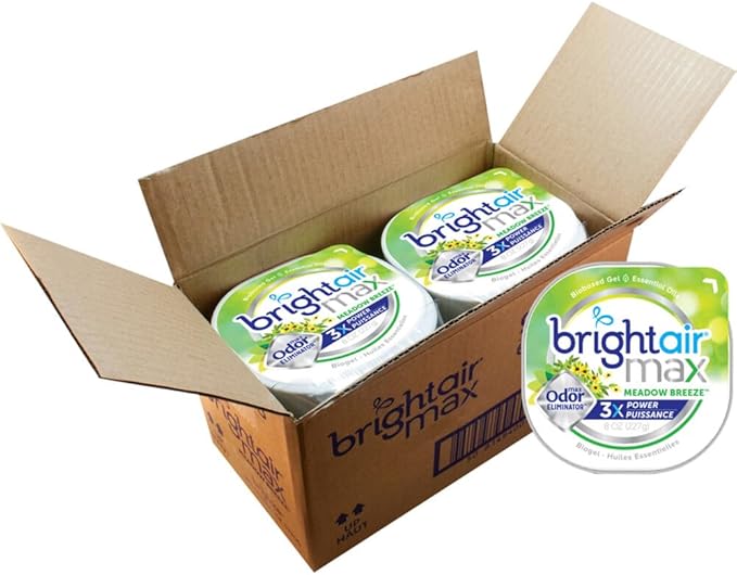 Bright Air Max Odor Eliminator Gel For Medium-Size Spaces Meadow Breeze Scent 8 oz. Each Case of 6 Advanced Odor Eliminator &amp Air Freshener Natural Essential Oils Lasts Up to 60 Days Each